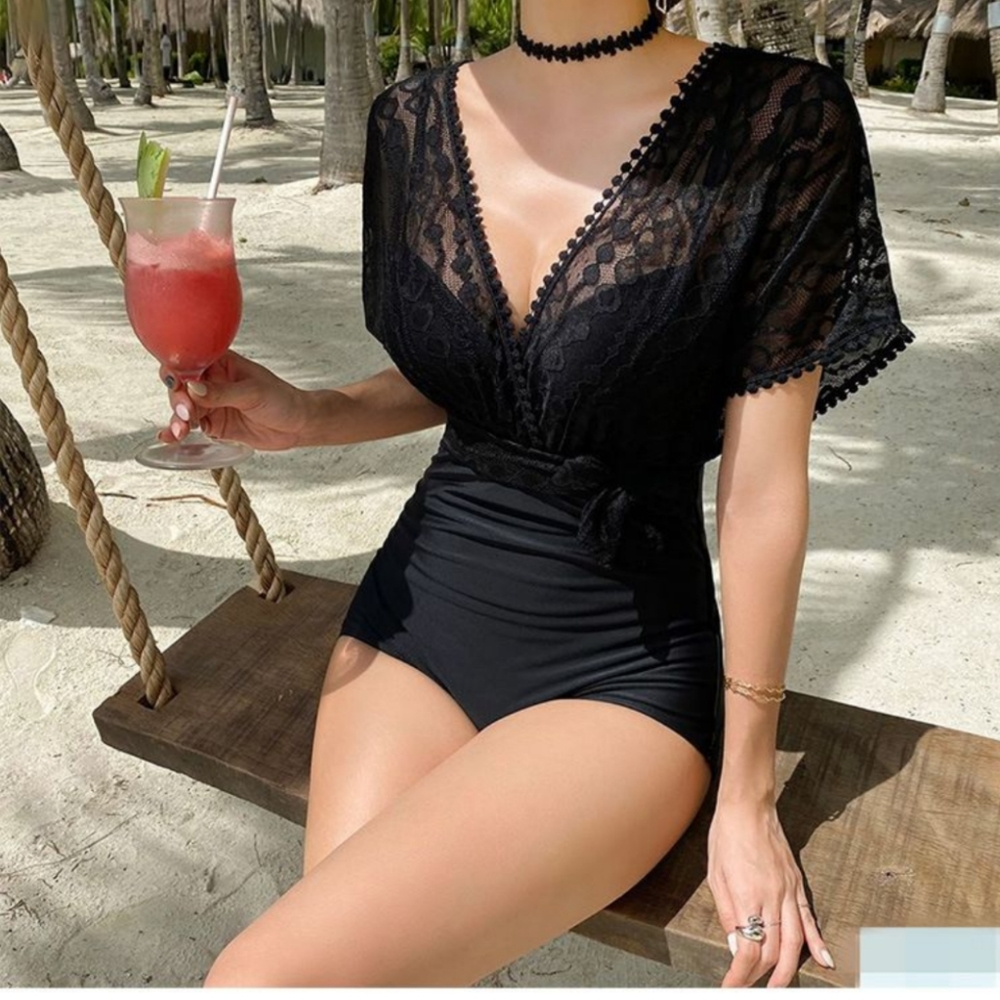 Short sleeve V_neck lace swimsuit